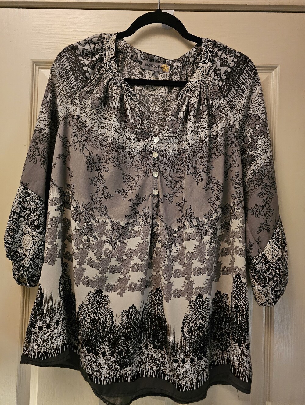 Black and Gray Floral Button-Front Blouse